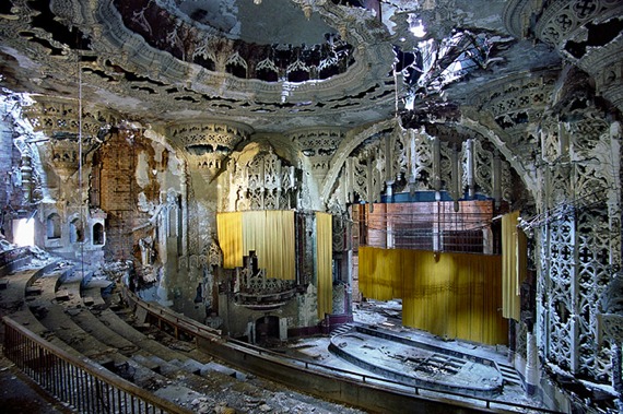 A photograph of the dilapidated interior of the United Artists Theater in Detroit