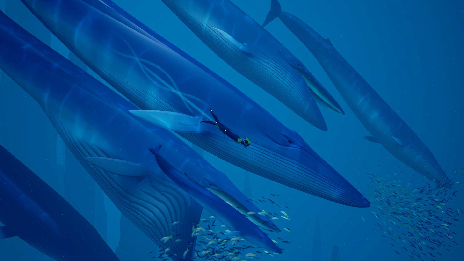 A screenshot of Abzu, showing a diver swimming with blue whales