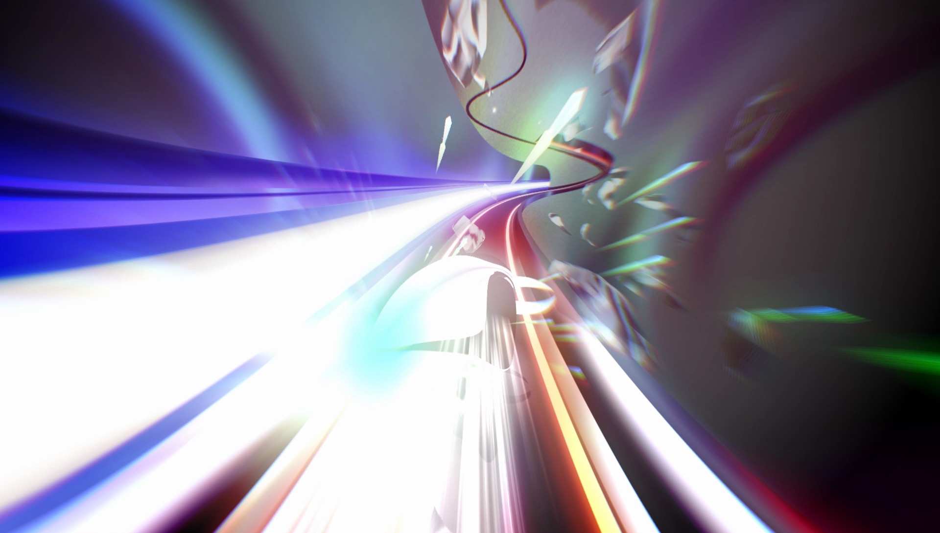 A screenshot of Thumper, showing strange and colourful shapes in a dark space