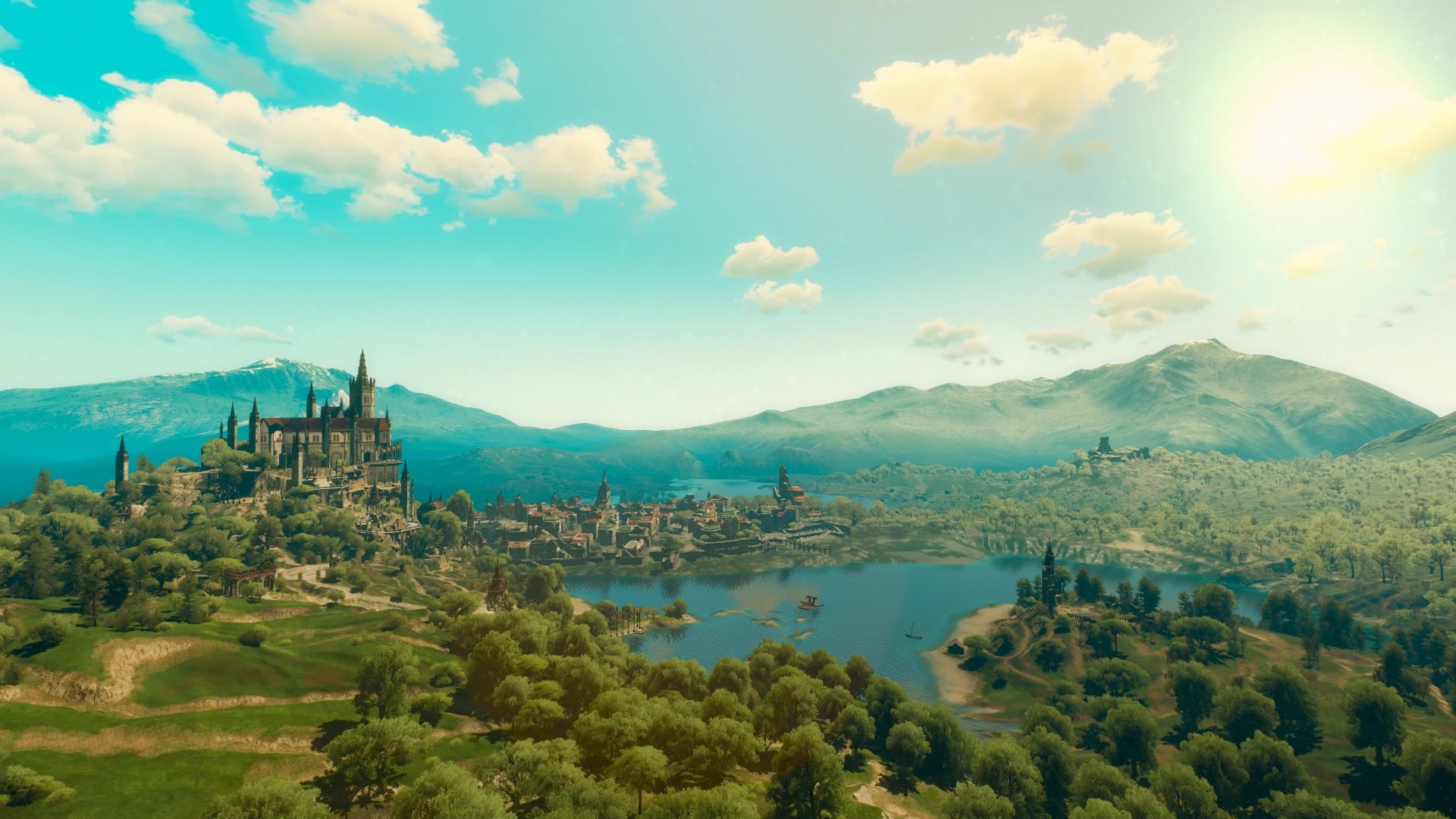 A screenshot of The Witcher 3: Blood and Wine, showing a castle in a verdant landscape