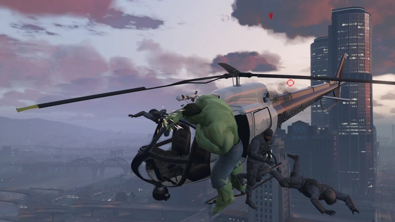 A screenshot of the Incredible Hulk assaulting a flying helicopter