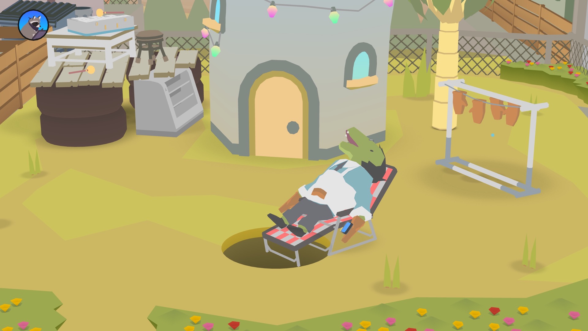 Screenshot of the game Donut County showing an anthropomorphic crocodile on a sun lounger about to fall into a hole.