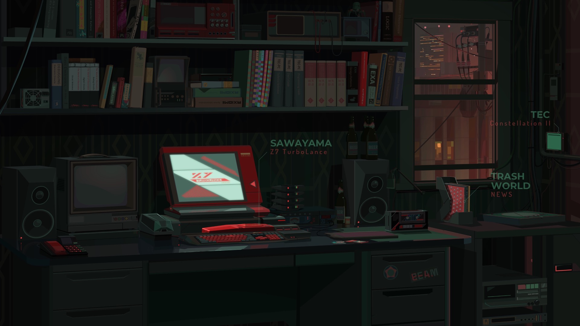 A screenshot of the game Exapunks, showing a hacker's tech-covered desk.