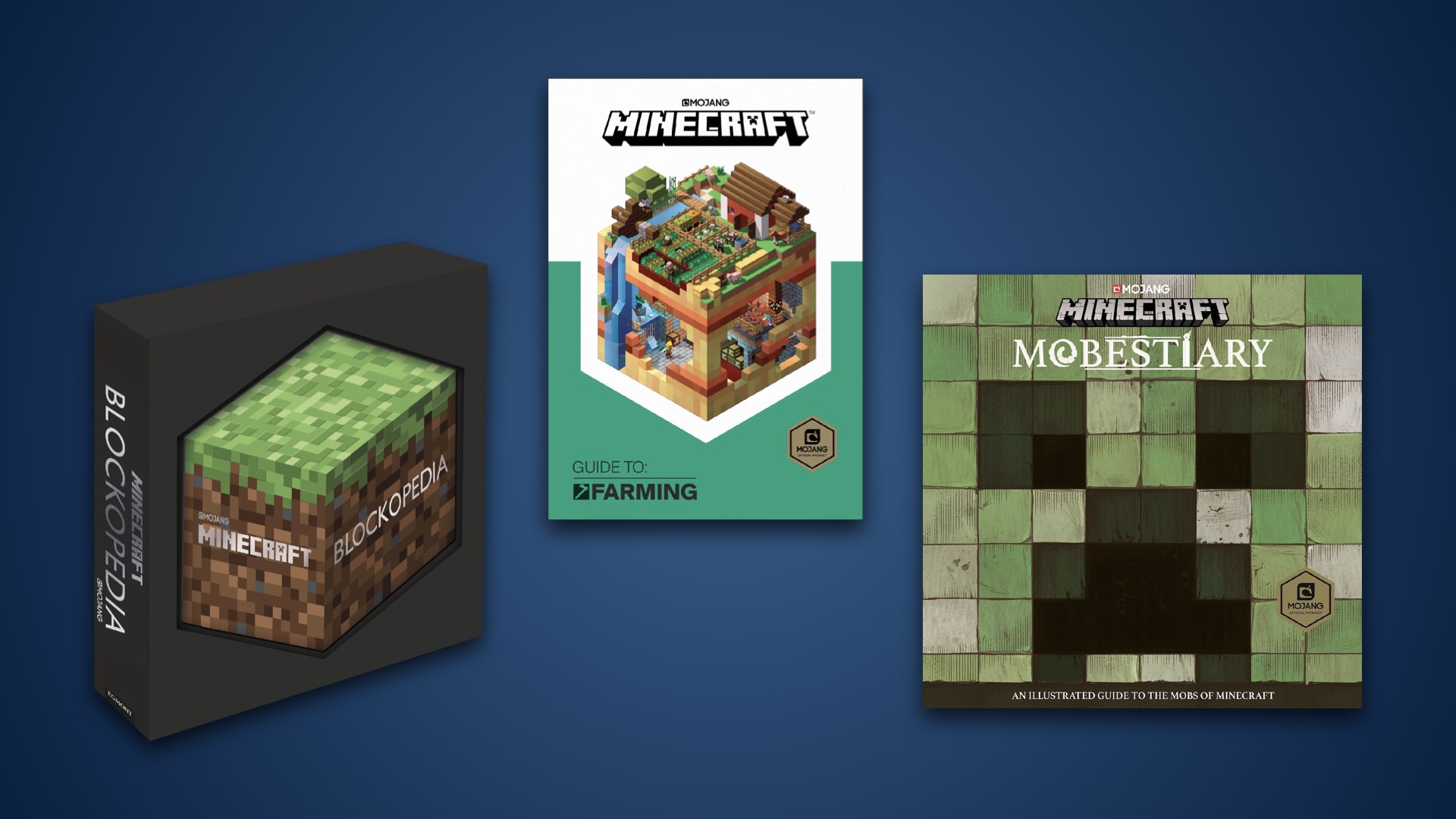 Pictures of covers of three books about Minecraft: Blockopedia, Guide to Farming and Mobestiary