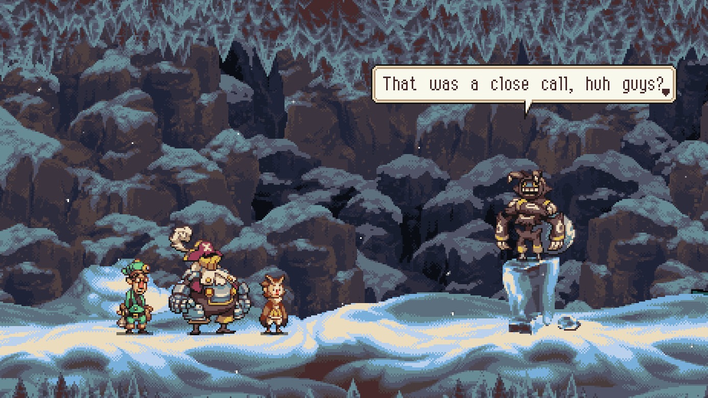 Screenshot of the pixel platformer Owlboy with a character saying “That was a close call, huh guys”.