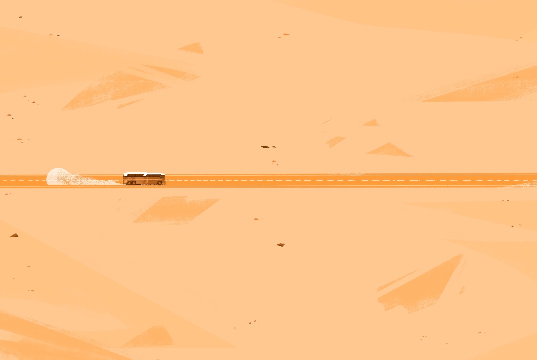 Illustration by Ollie Hoff of an orange desert with a small bus driving along a road cutting through the centre of the image