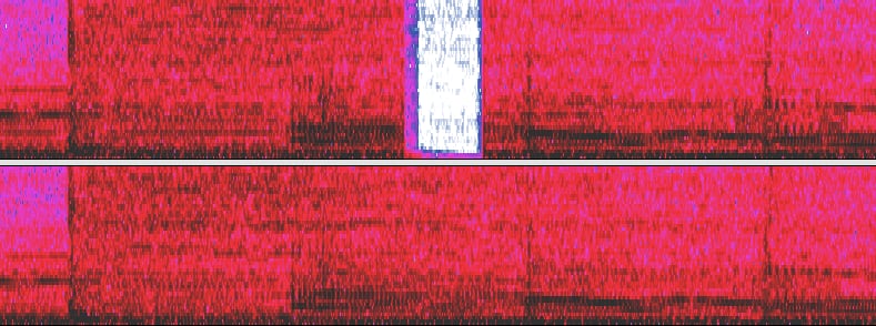 Spectrograph image of an MP3 with a chunk of broken data clearly visible in one of its two channels