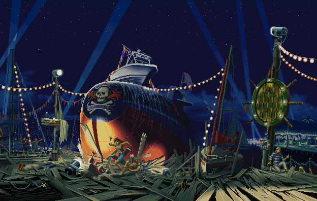 An animated screenshot of a fighting game background which features a nighttime pier into which a large ship has crashed