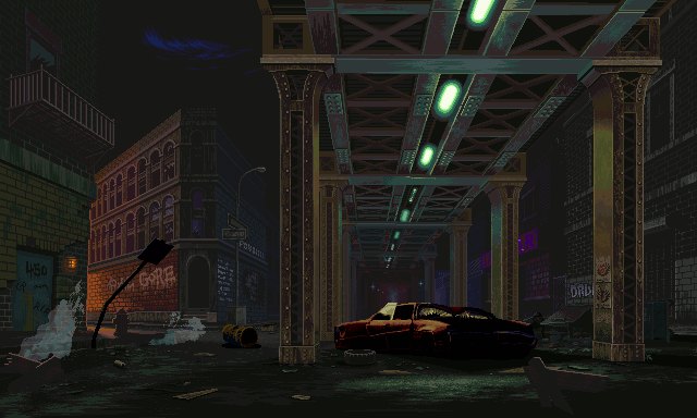An animated screenshot of a fighting game background set at night in an American inner city under a train track with brightly lit trains passing by