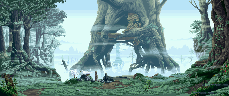 An animated screenshot of a fighting game background which features a misty swampland scene with large tree in the background