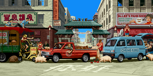 An animated screenshot of a fighting game background which features a chaotic traffic jam